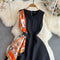 Vintage A-line Floral Ribbon Black Dress