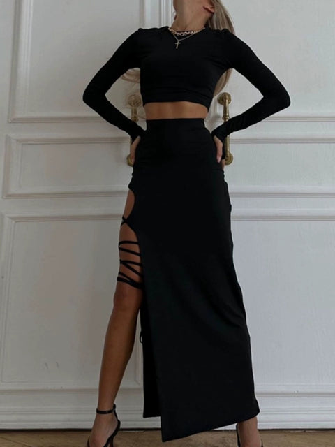 Short Top&Split Skirt Black 2Pcs