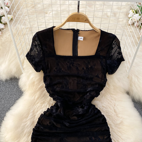 Square Collar Lace Patchwork Black Dress