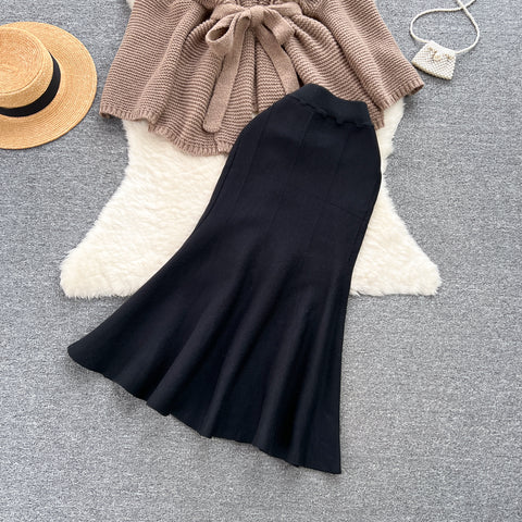 Cardigan&Black Fishtail Skirt Knitted 2Pcs