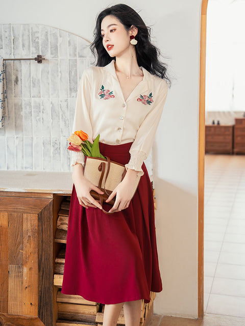 Embroidered Blouse&Red Skirt 2Pcs Set