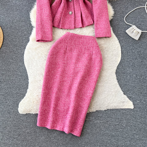 Single-breasted Blazer&Skirt Tweed 2Pcs