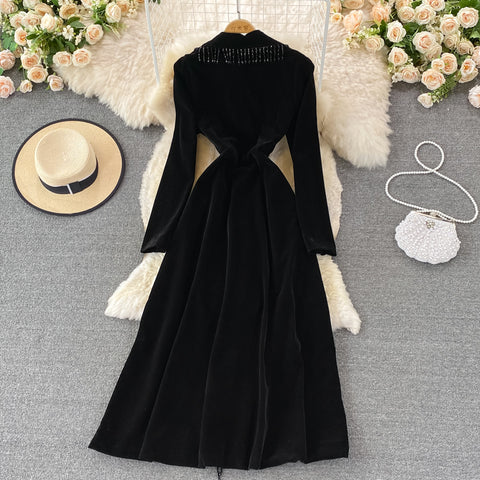 Puffy Sleeve Pleated Black Velvet Dress
