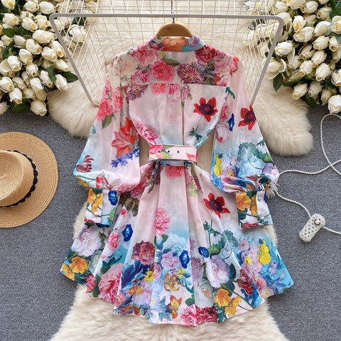 Vintage Ruffled Floral Shirt Dress