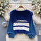 Zipped Lapel Striped Puffy Sleeve Knitwear