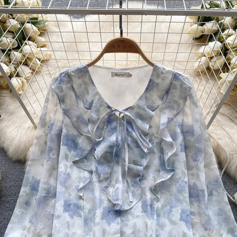 French Style Ruffled Floral Chiffon Shirt