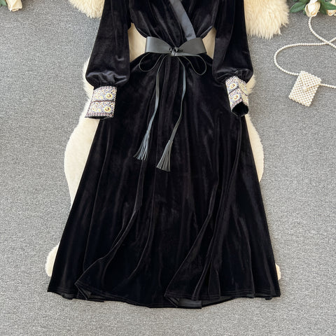 V-neck Lace-up Black Velvet Dress