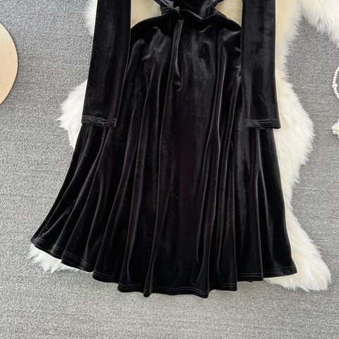 Beaded Round Collar Black Velvet Dress