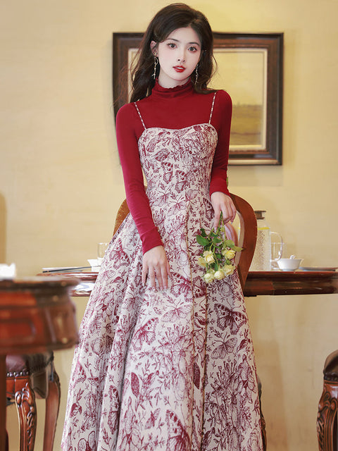 Turtleneck Sweater&Floral Slip Dress 2Pcs