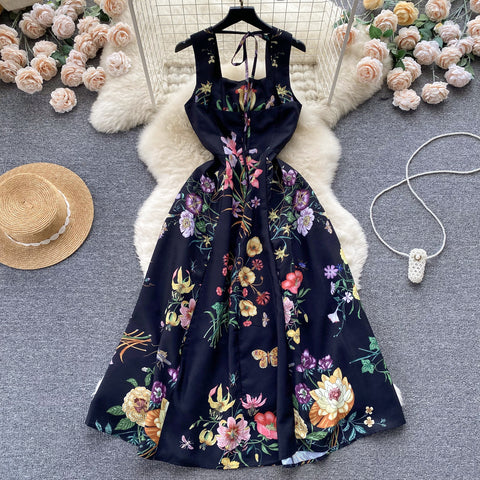 Vintage Lace-up Sleeveless Black Floral Dress