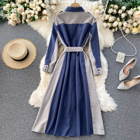 Lapel Patchwork Lace-up Coat Dress