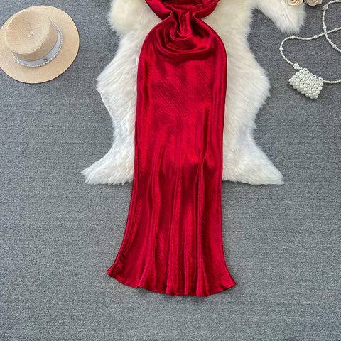 Vintage Draped Glossy Red Slip Dress