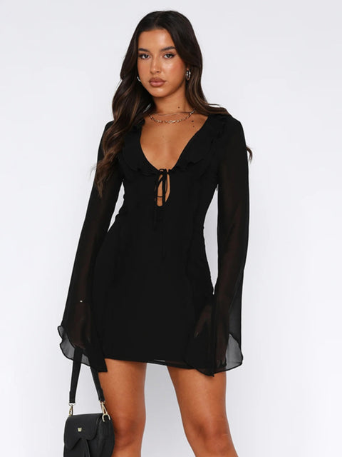 Lace-up Ruffled Long Sleeve Dress