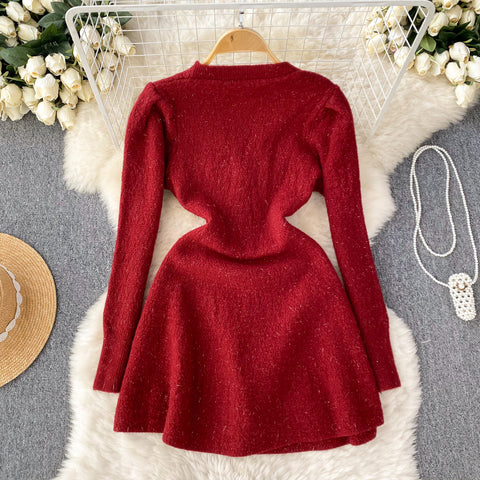 French Style V-neck Knitted Dress