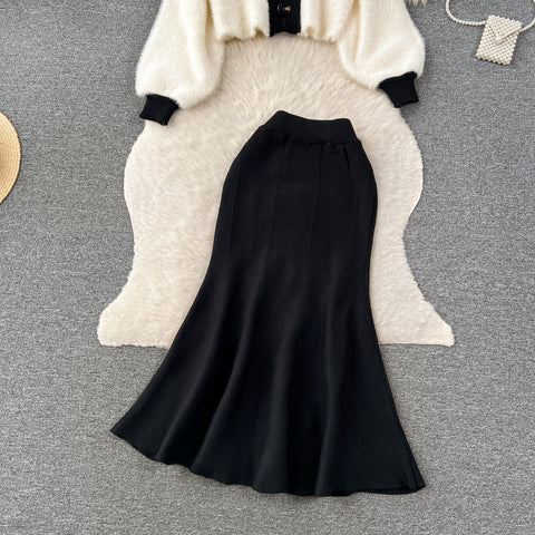 Elegant Cardigan&Fishtail Skirt Knitted 2Pcs