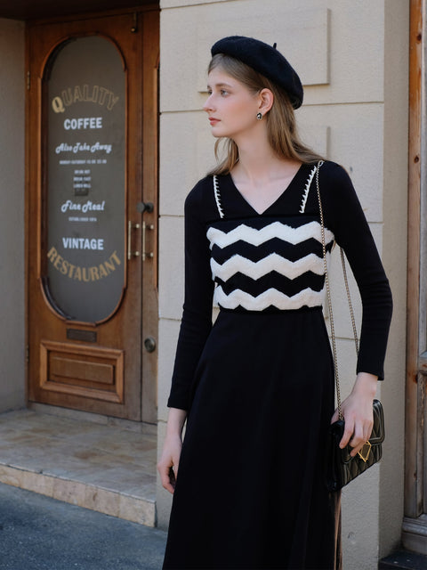 Elegant Black&White Striped Patchwork Dress