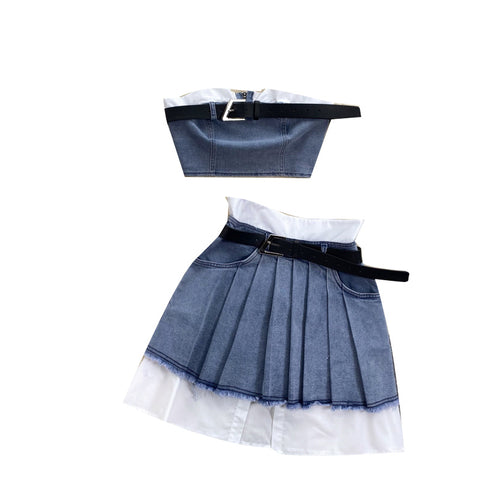 Patchwork Top&Pleated Skirt Denim 2Pcs