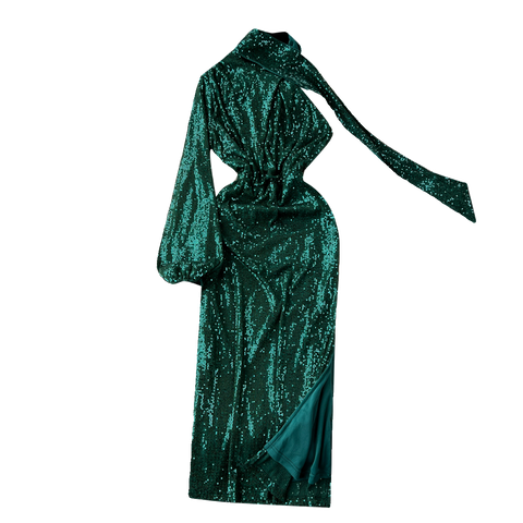 Glossy One-shoulder Sequined Halter Dress
