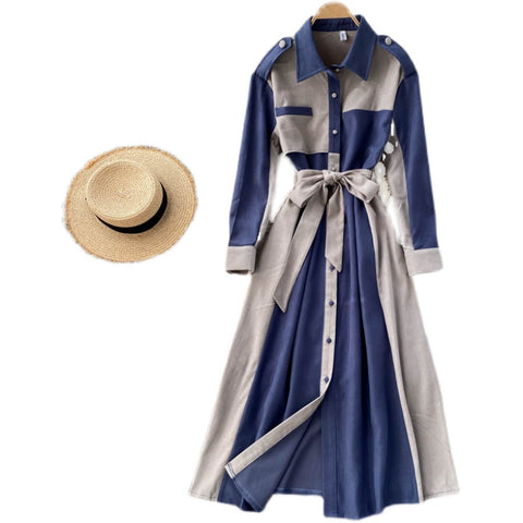 Lapel Patchwork Lace-up Coat Dress