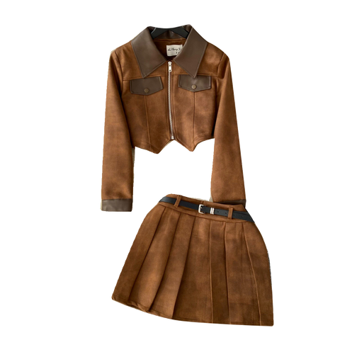Lapel PU Jacket&Pleated Skirt 2Pcs