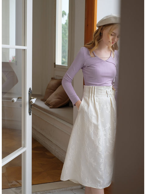 White Jacquard A-line Pleated Skirt