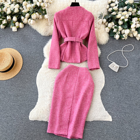 Single-breasted Blazer&Skirt Tweed 2Pcs