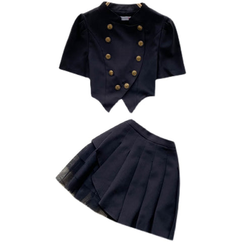 Double-breasted Top&Pleated Skirt 2Pcs
