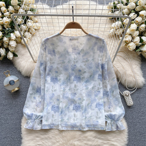 French Style Ruffled Floral Chiffon Shirt