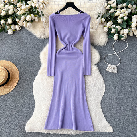 Hollowed Slim-fitting Knitted Slip Dress