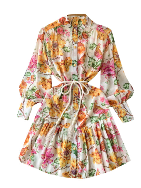 Vintage Stand Collar Floral Shirt Dress
