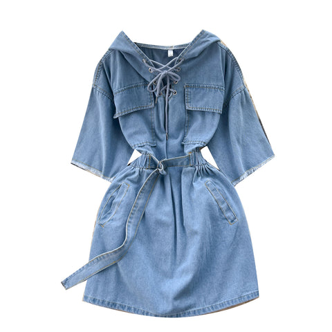 Chic Lace-up Hooded Denim Dress