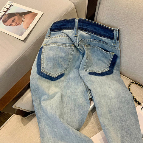 Retro Color-blocking Distressed Straight Jeans