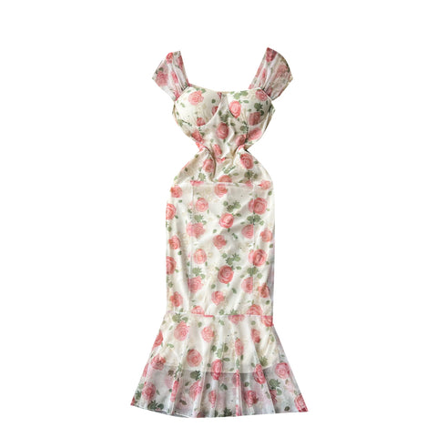 French Style Fishtail Floral Printed Dress