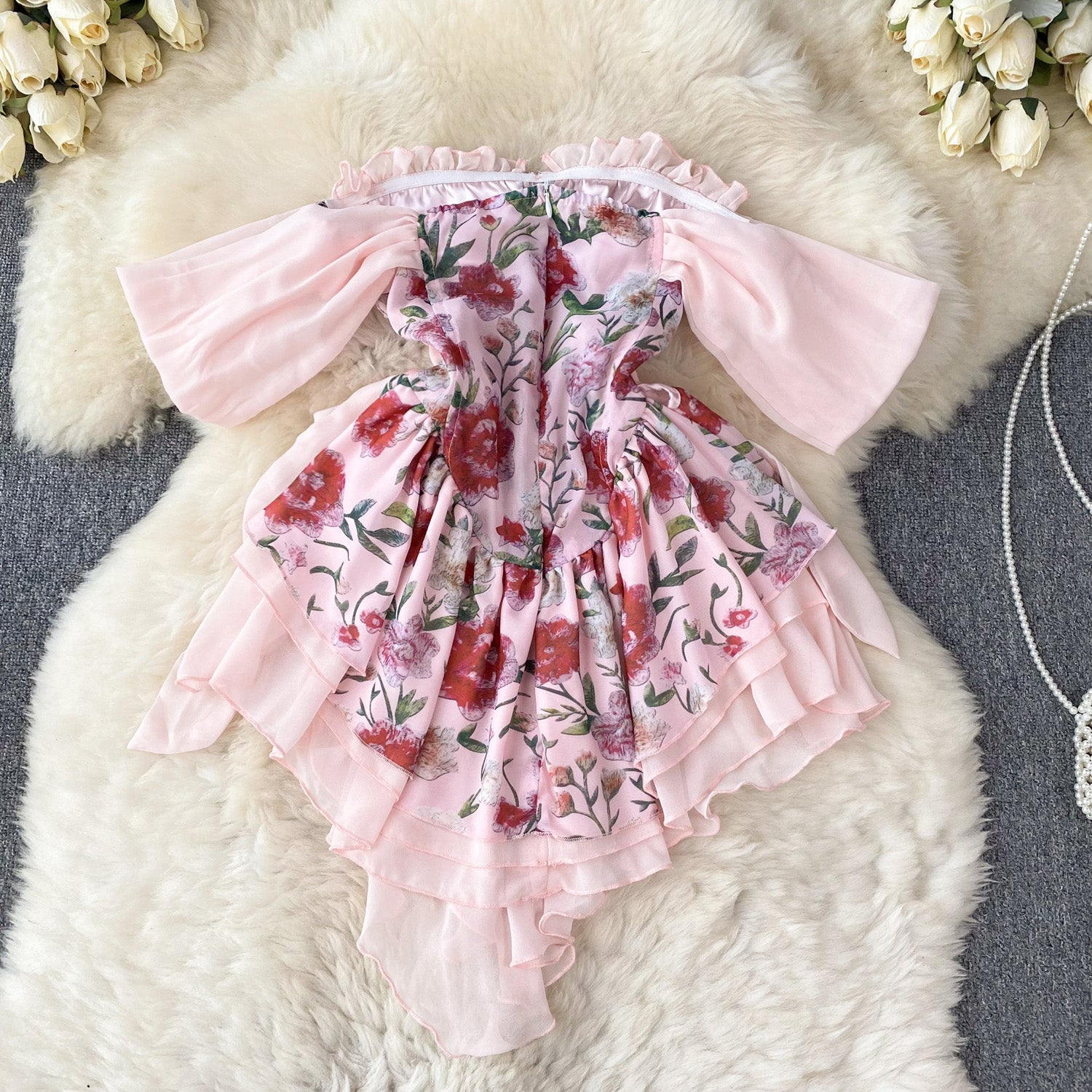 Ruffled Floral Strapless Gown