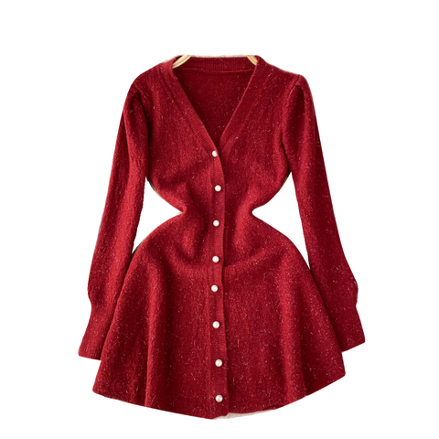 French Style V-neck Knitted Dress