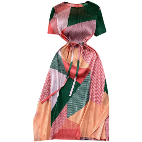 Lace-up Geometric Printed Pleated Dress