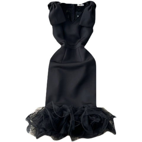 V-neck Black Mesh Patchwork Dress