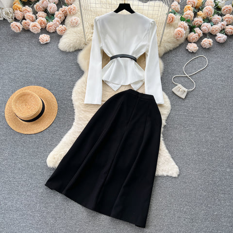 OL Suit Top&Black Pleated Skirt 2Pcs