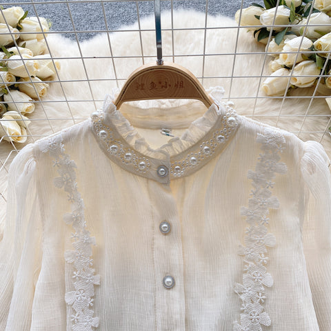 Courtly Long-sleeve Embroidery Lace Blouse