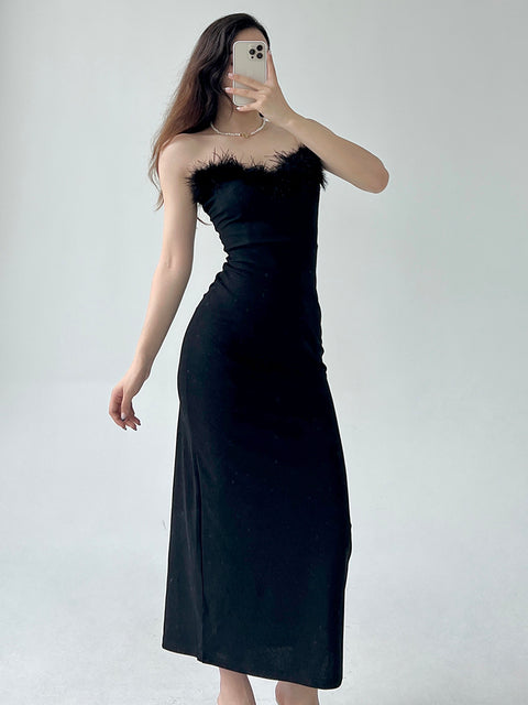 Furry Neckline Patchwork Black Dress