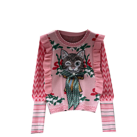 Vintage Ruffled 3d Kitty Pattern Sweater