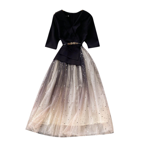 Black Patchwork Mesh Dress