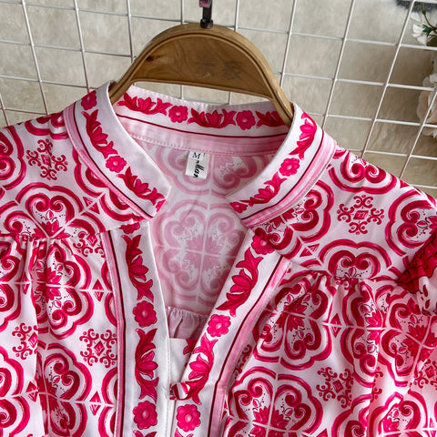 Ethnic V-neck Celadon Printed Shirt Dress