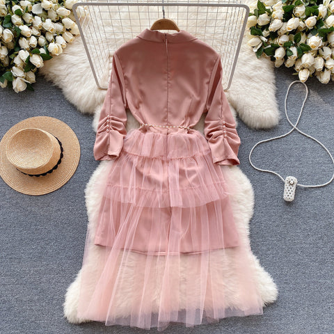 Suit Collar Mesh Patchwork Dress