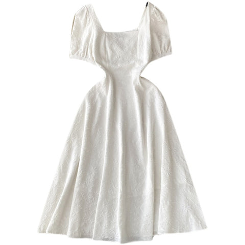 White Square-neck Puff Sleeve Dress