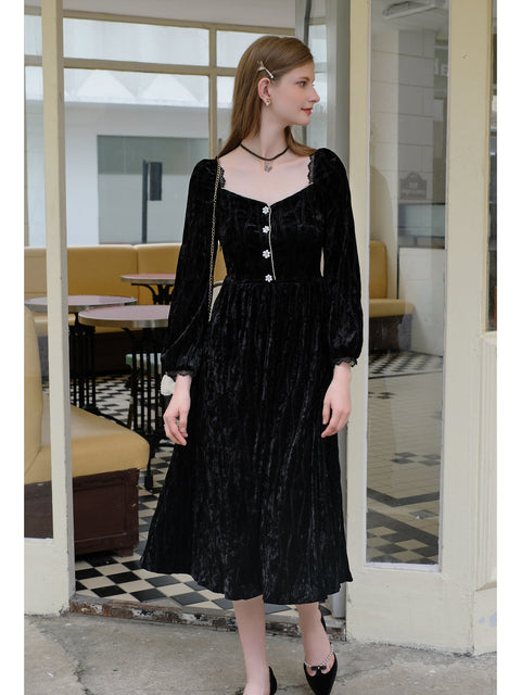 Square Neckline Jacquard Black Velvet Dress