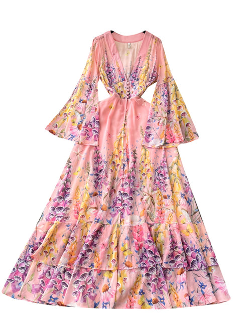 Flared Sleeve Floral Chiffon Dress