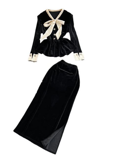 Bow-tie Top&Hip-wrapping Skirt Suede 2Pcs