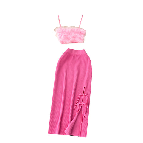 Furry Camisole&Split Half-body Skirt 2Pcs