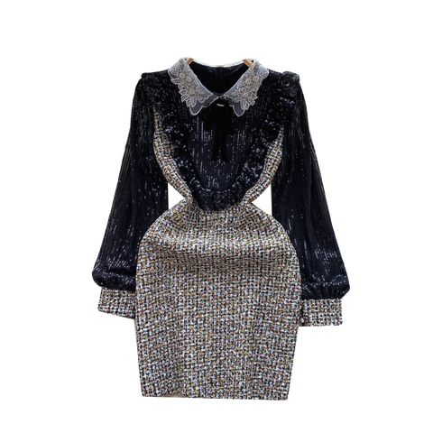 Lace Collar Sequined Patchwork Dress